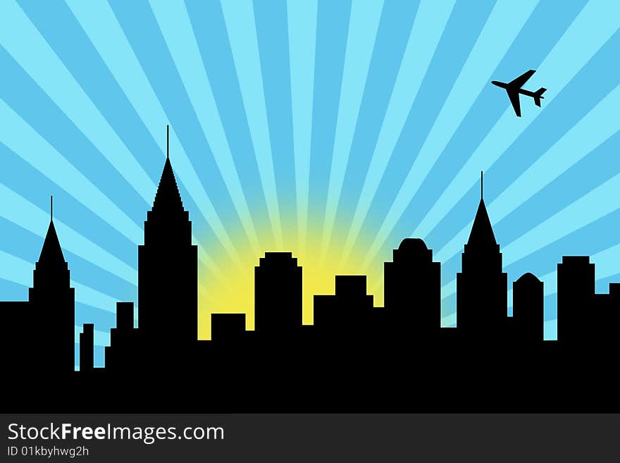 Illustration of a city skyline with an airplane over the buildings. Illustration of a city skyline with an airplane over the buildings