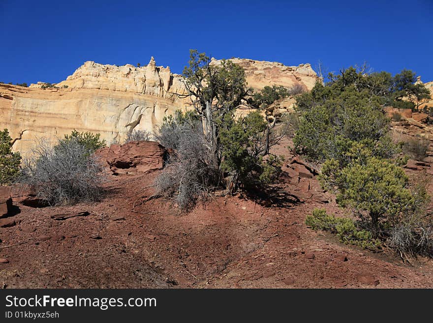 View of red rock formations in San Rafael Swell with blue sky�s