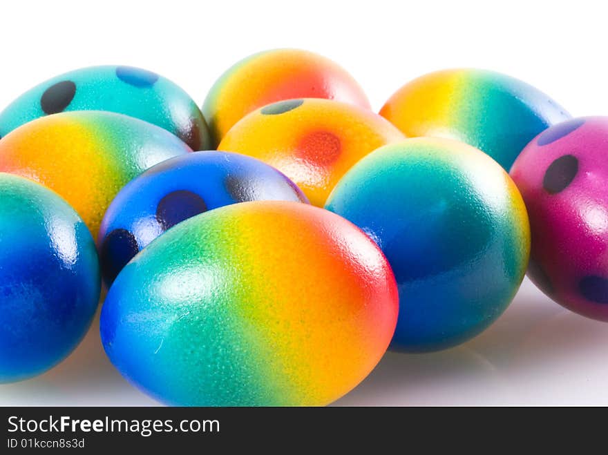 Close up of a bunch of easter eggs on white. Close up of a bunch of easter eggs on white.