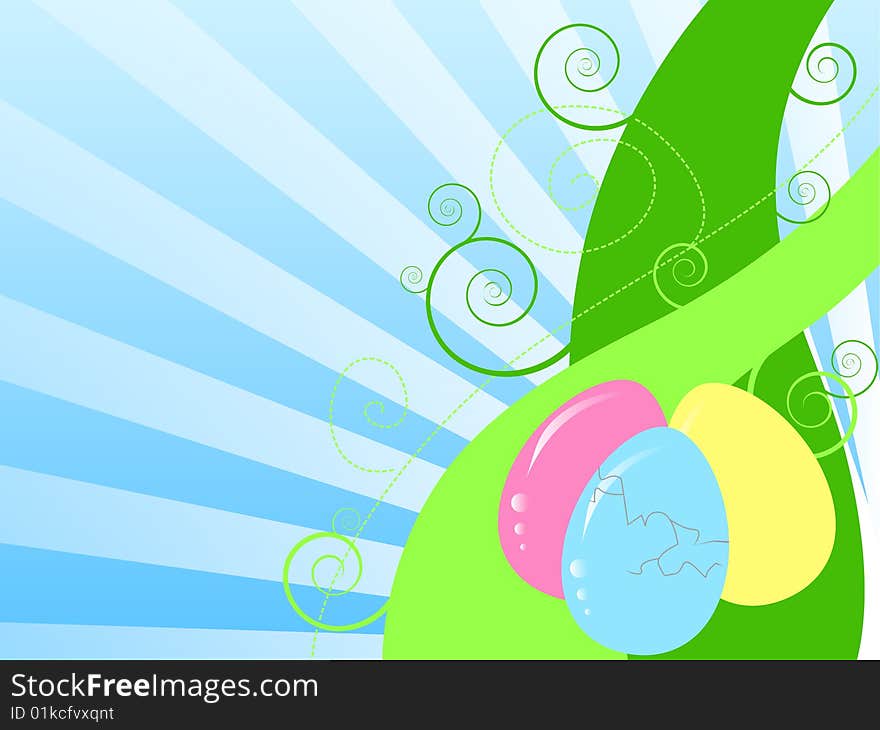 Illustration made in adobe illustrator,
colorful easter eggs and green fresh swirly grass, growing up to the clear blue sky