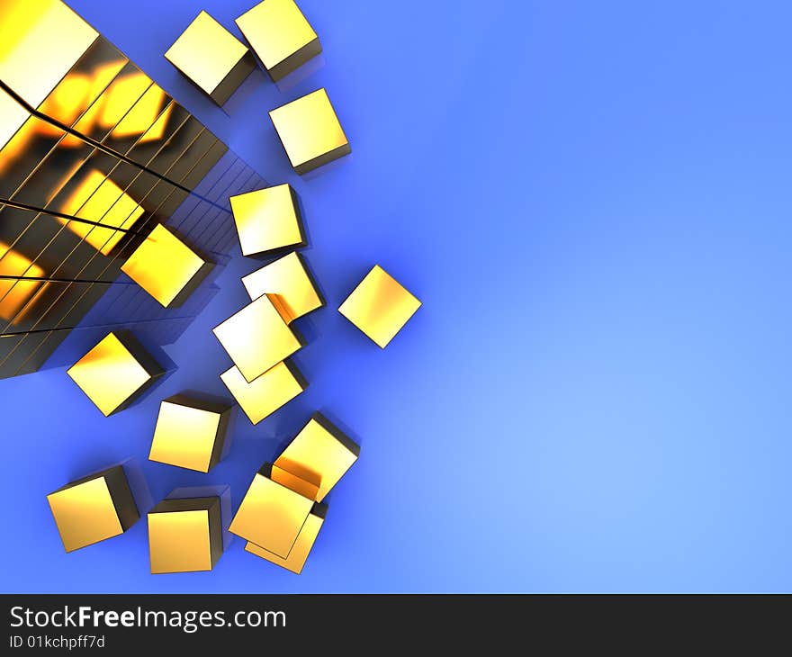 3d illustration of golden cube construction over blue background