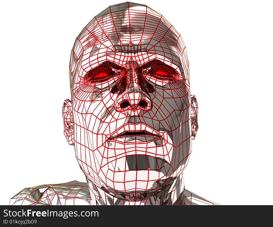 3d illustration of steel robot head over white background. 3d illustration of steel robot head over white background