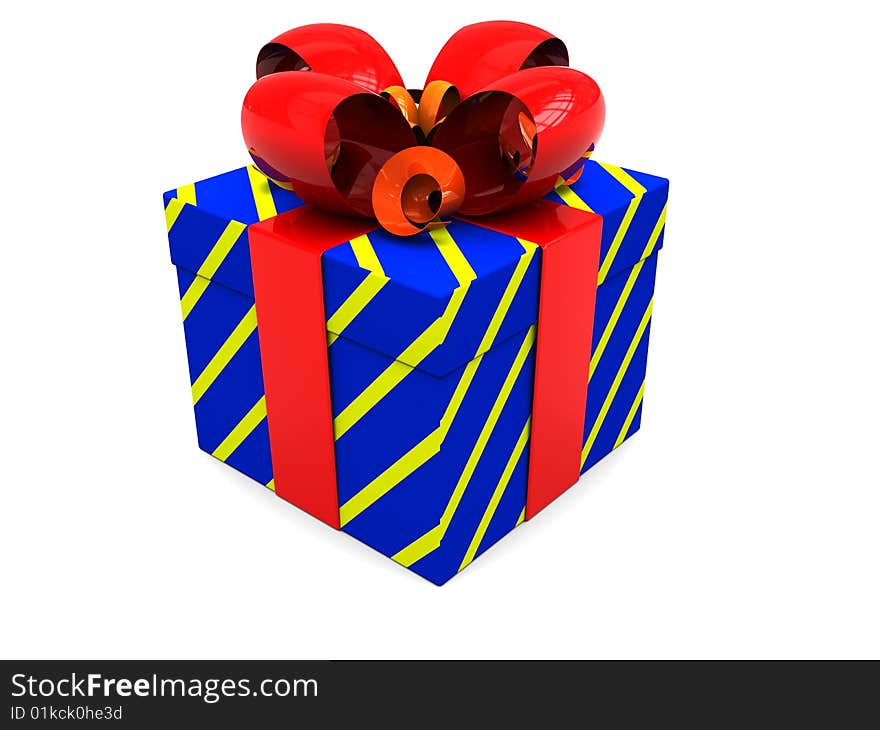 3d illustration of blue present box with red ribbon over white background. 3d illustration of blue present box with red ribbon over white background