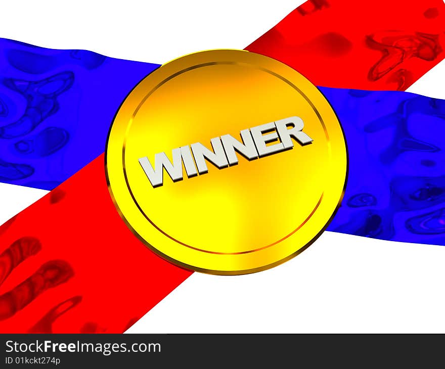 Abstract 3d illustration of winner medal over colorful ribbons