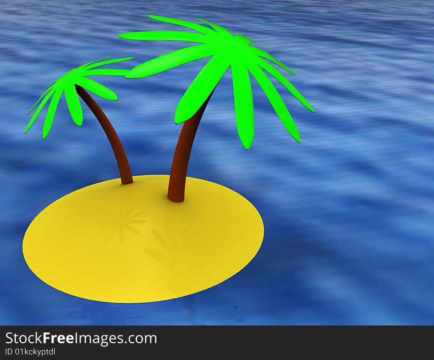 Abstract 3d illustration of tropic island in ocean with waves