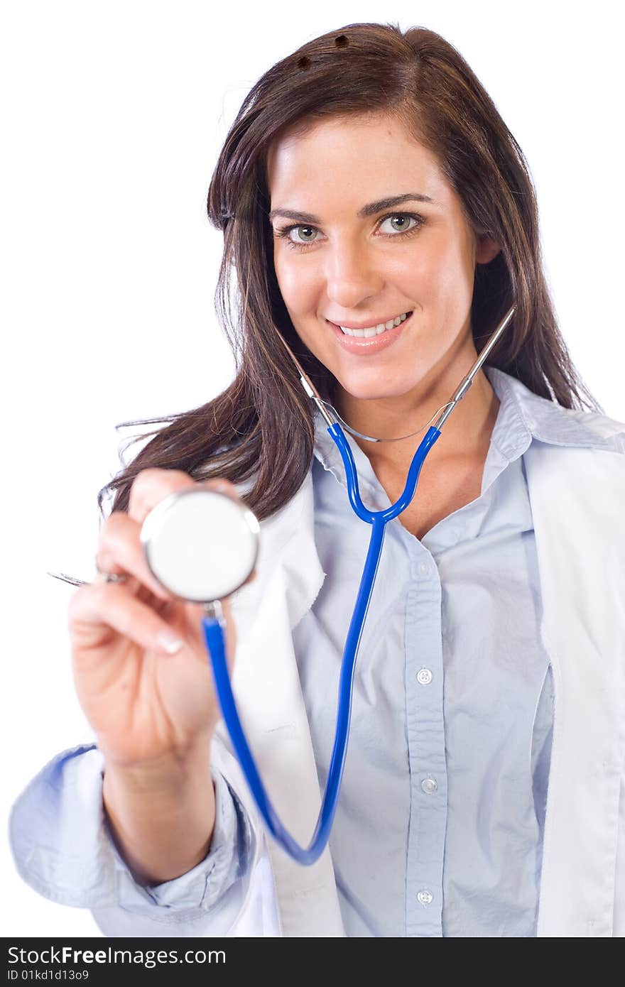 Female doctor isolated on white in the studio, Focus on face,