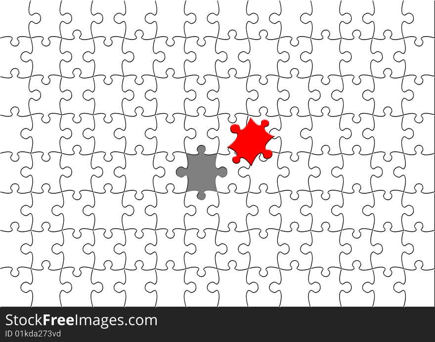 Field of white puzzle elements and one red not in place in the middle