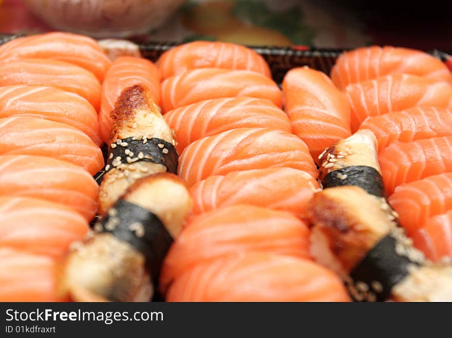 Set of nigiri sushi in a restaurant