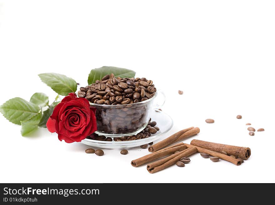 Coffee cup and grain on white background. Coffee cup and grain on white background