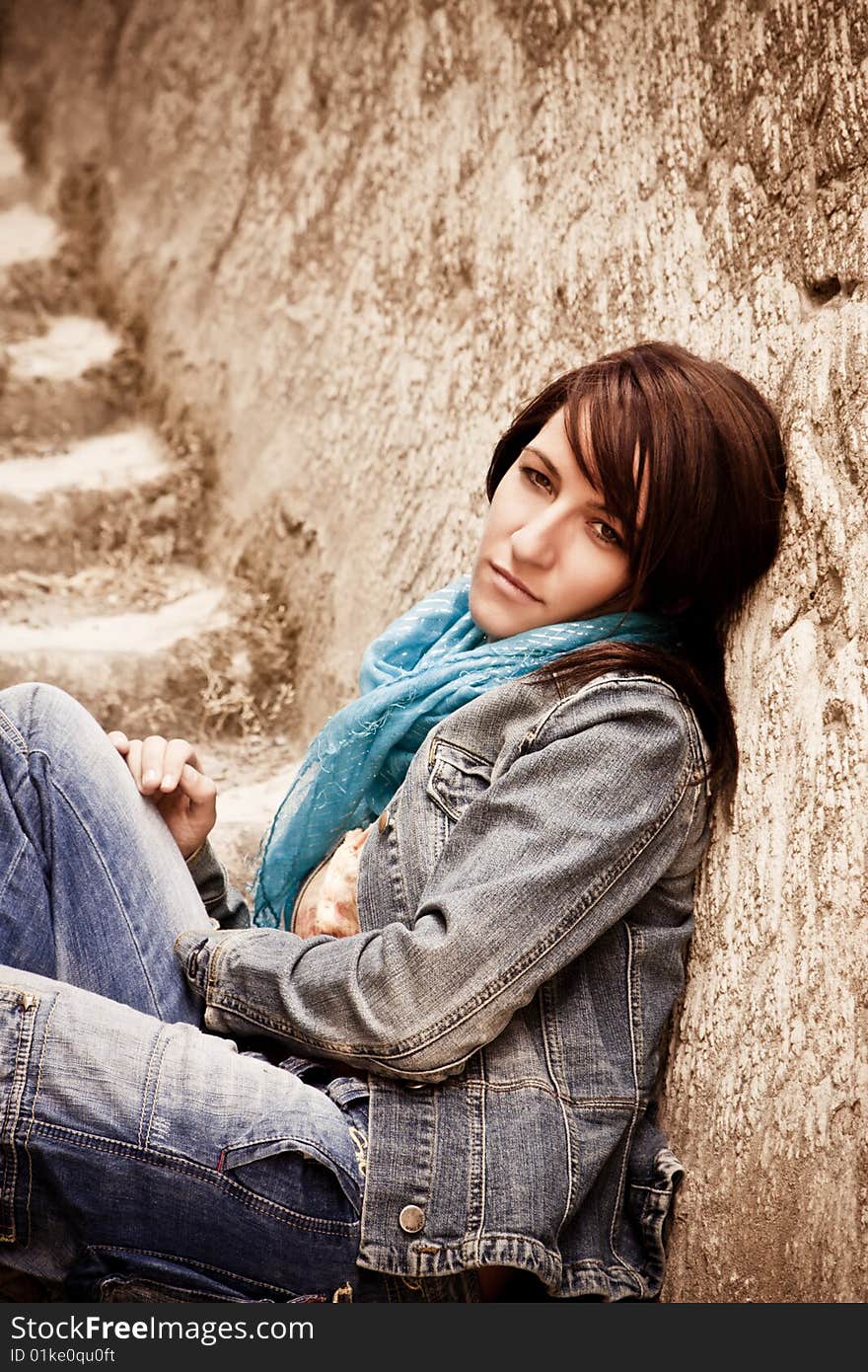 Young Woman On Stone Stairs