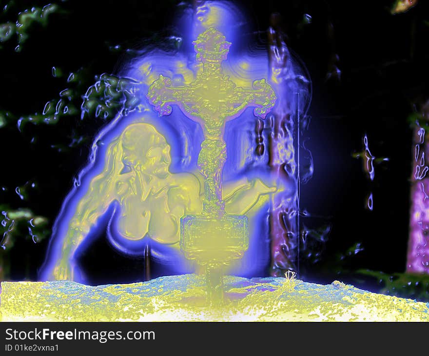 Forest spirit soaring with a cross. Graphics, image.