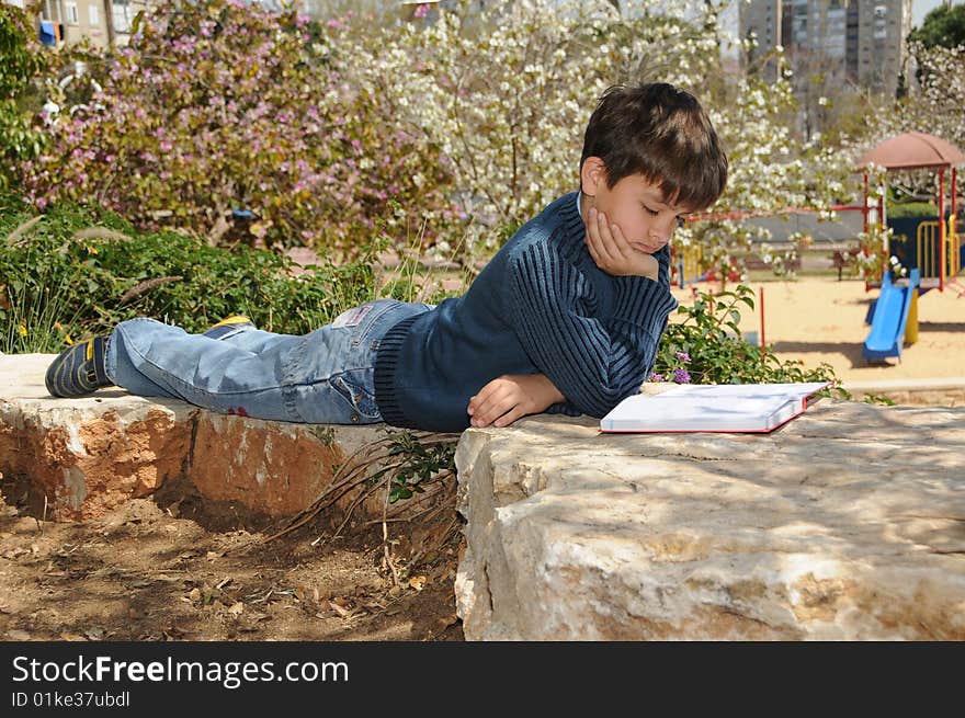 The boy reading the book in park