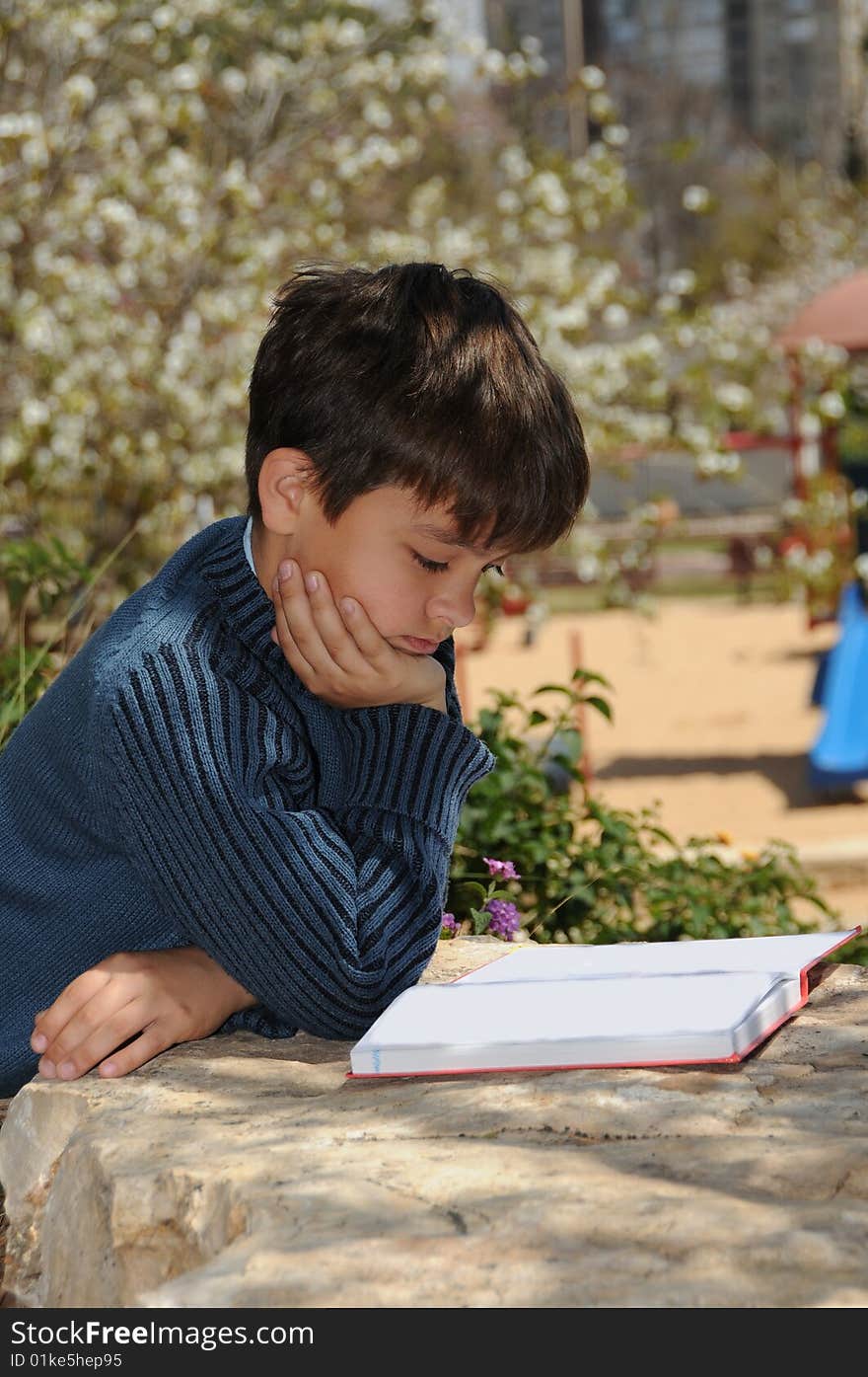 The boy reading the book in park