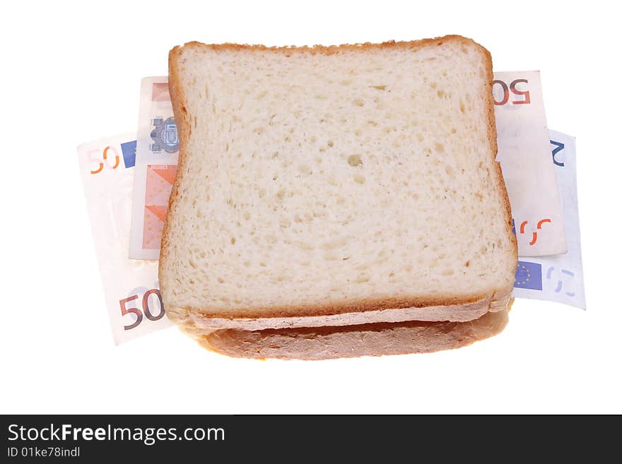 Close up of sandwich made with money. Close up of sandwich made with money