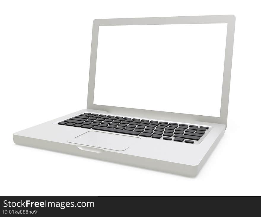 Isolated silver laptop on white background with white screen