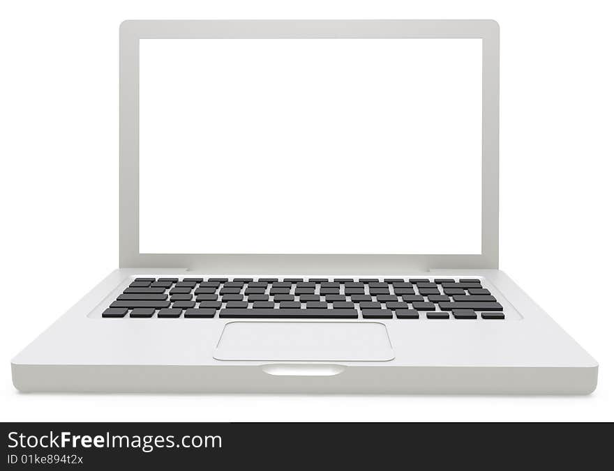 Isolated silver laptop on white background with white screen