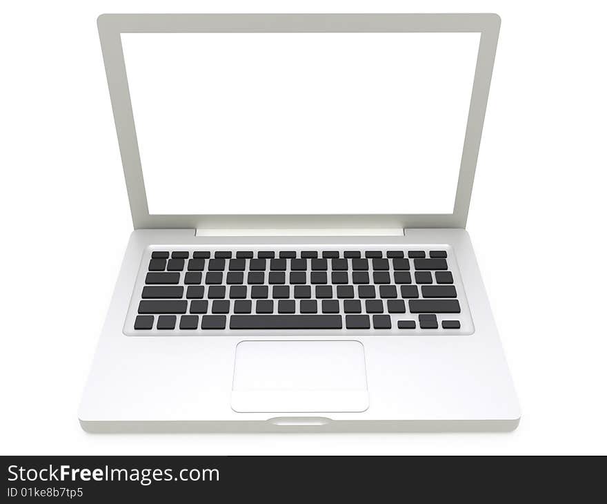 Isolated silver laptop on white background with white screen