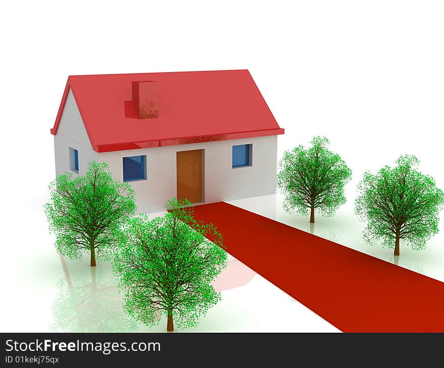 House and road. 3d render. Habitation concept. House and road. 3d render. Habitation concept.