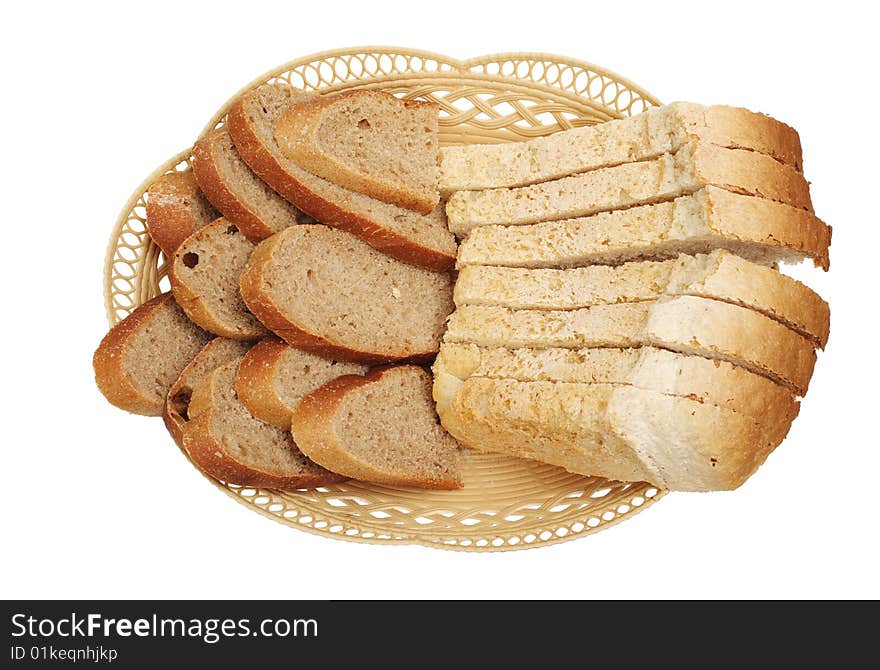 White and grey bread in a basket are isolated on a white background