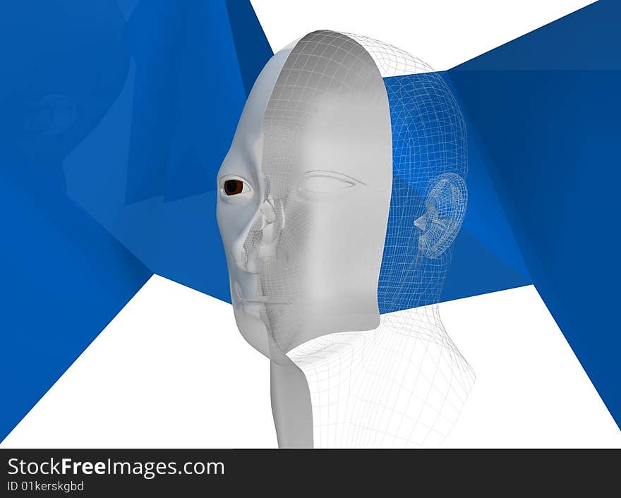 Blue background with human head of a man in 3d. Blue background with human head of a man in 3d