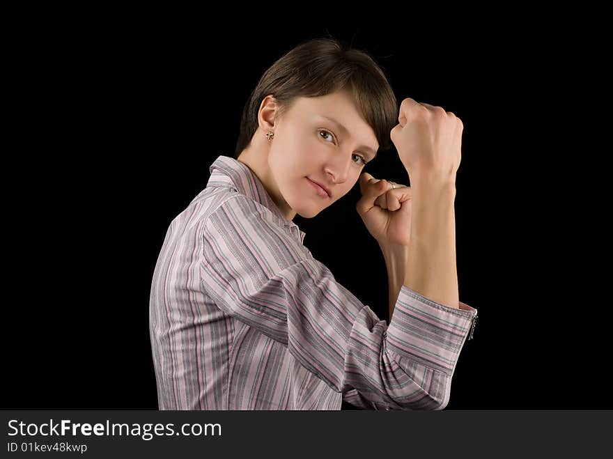 Business woman greeting her competitors on black background