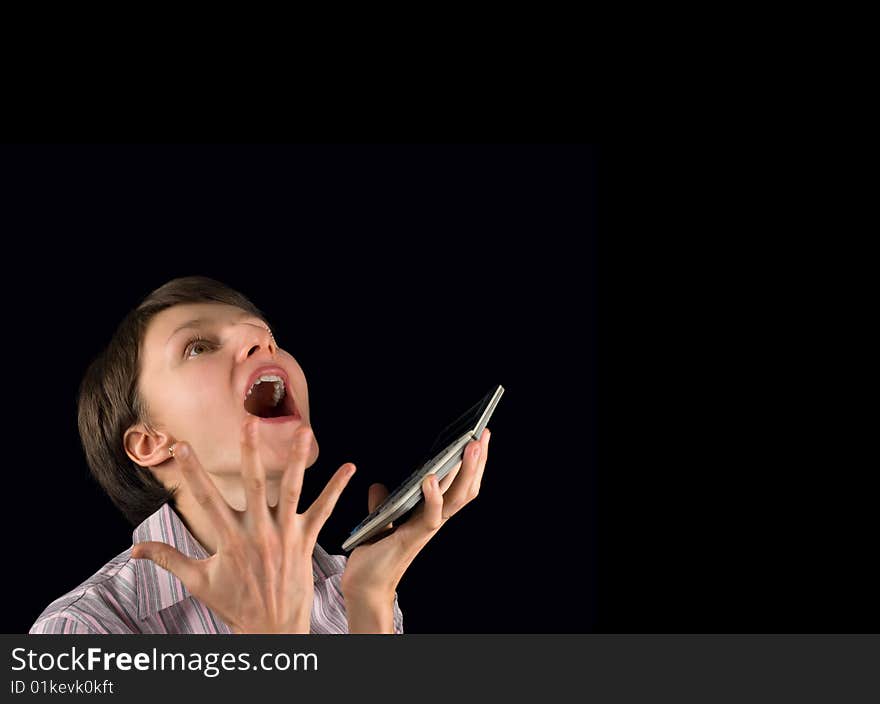 Beautiful girl with calculator shouting