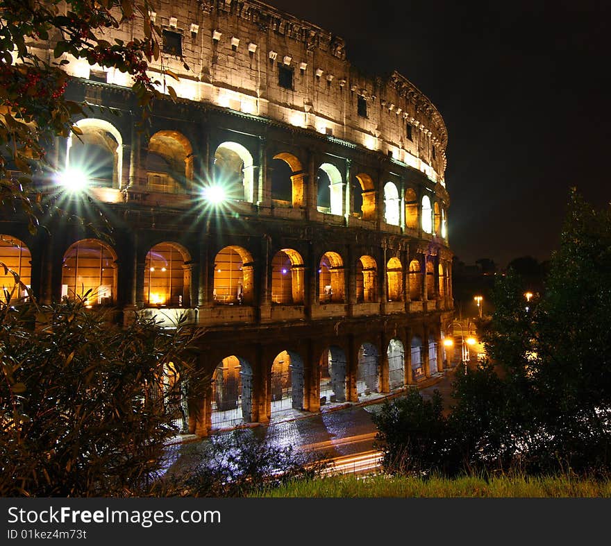 Colosseo at night after rain, Rome. Colosseo at night after rain, Rome