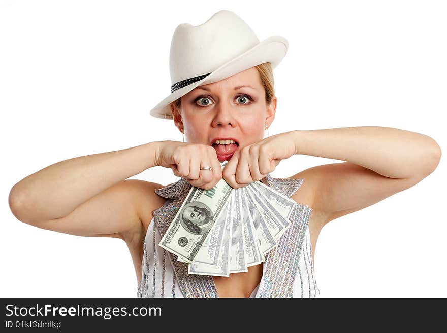 Young pretty woman in white hat and striped suit with money in hand