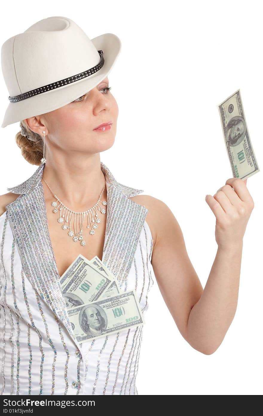 Young pretty woman in white hat and striped suit with money in hand