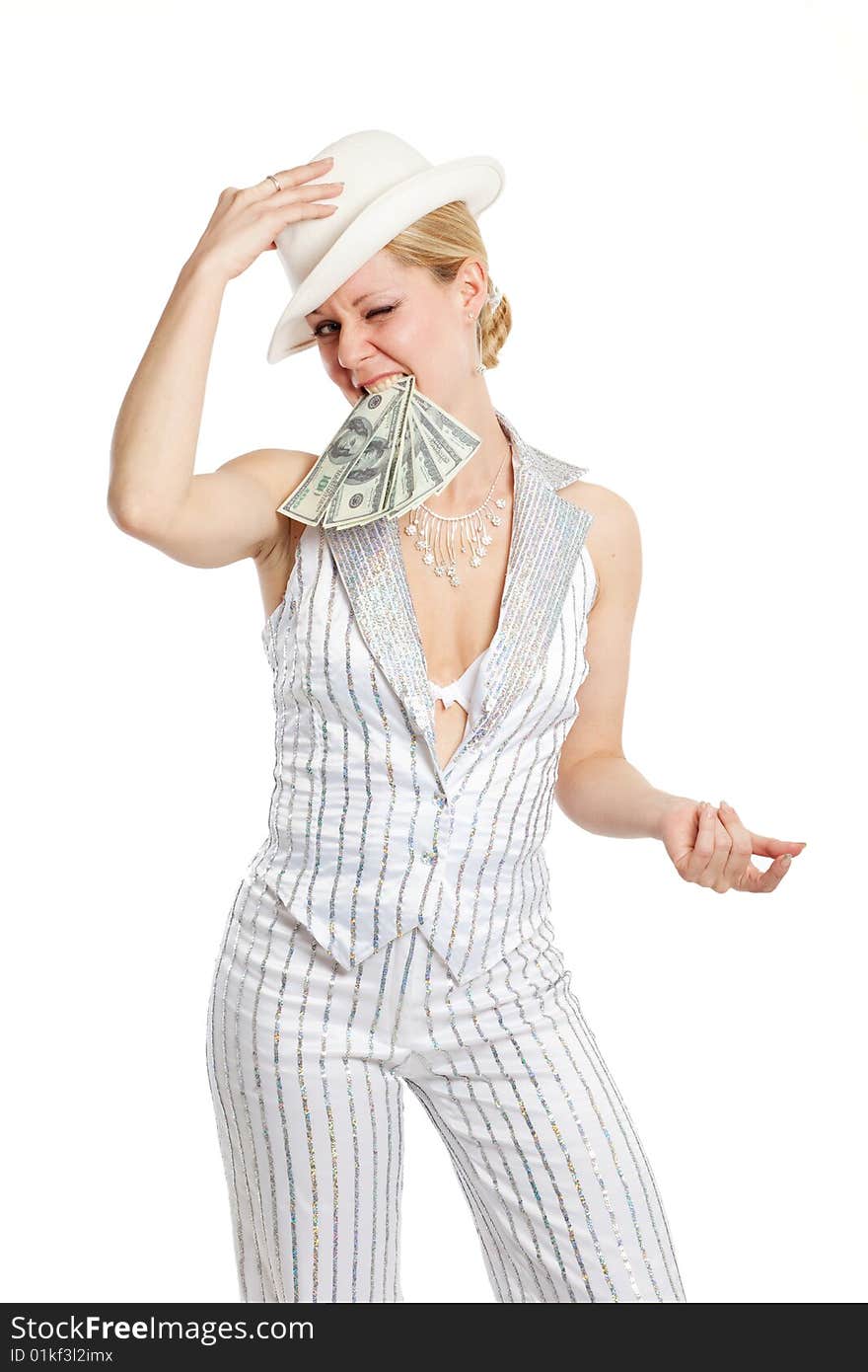 Young pretty woman in white hat and striped suit with money in hand