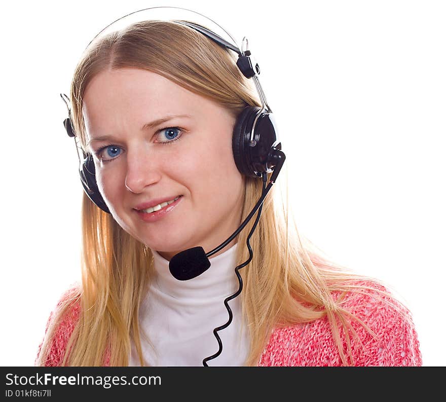 Portrait of a young blond woman with head-phones, isolated on white. Portrait of a young blond woman with head-phones, isolated on white