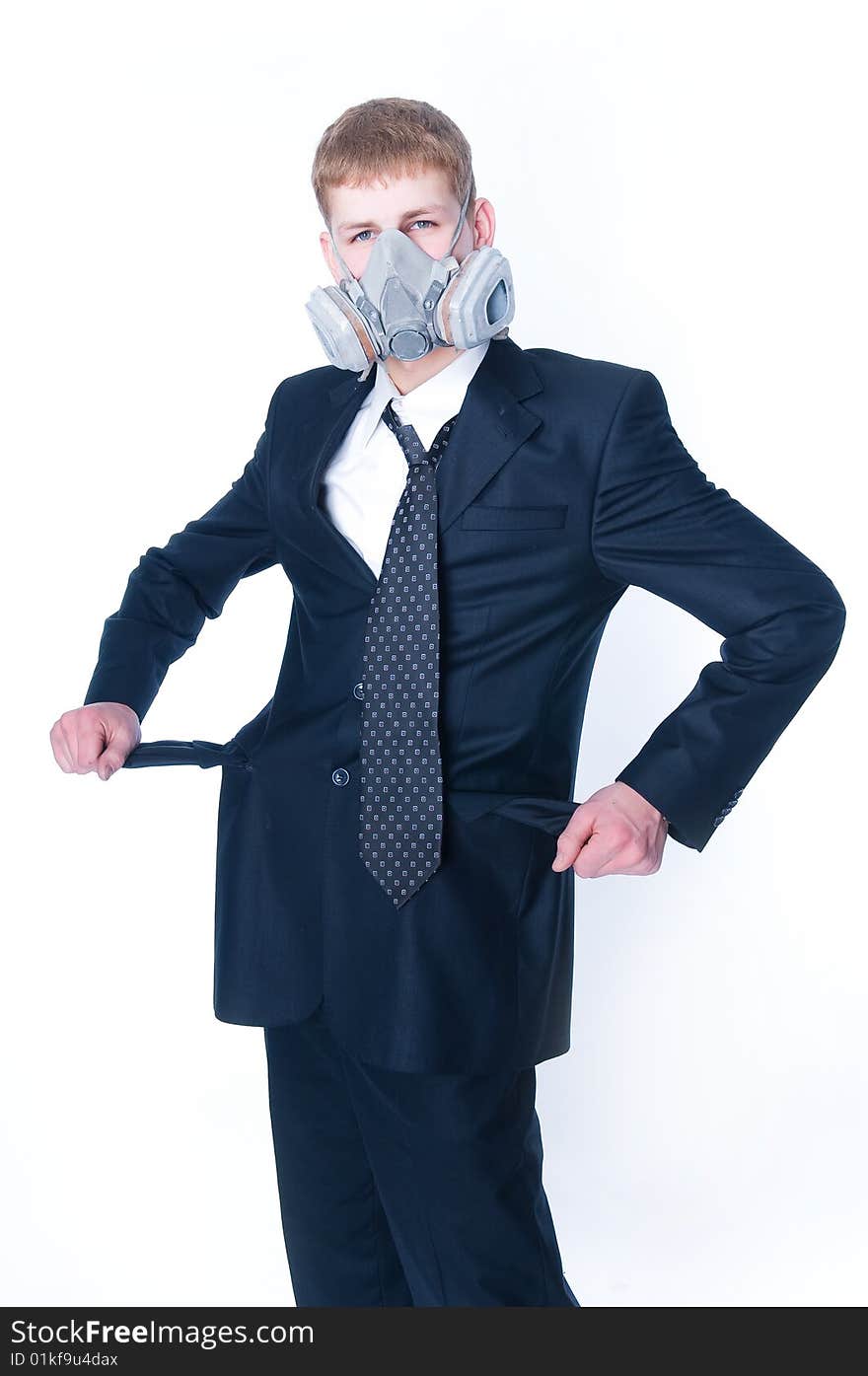 Crazy businessman with empty pockets, wearing gasmask, isolated on white background