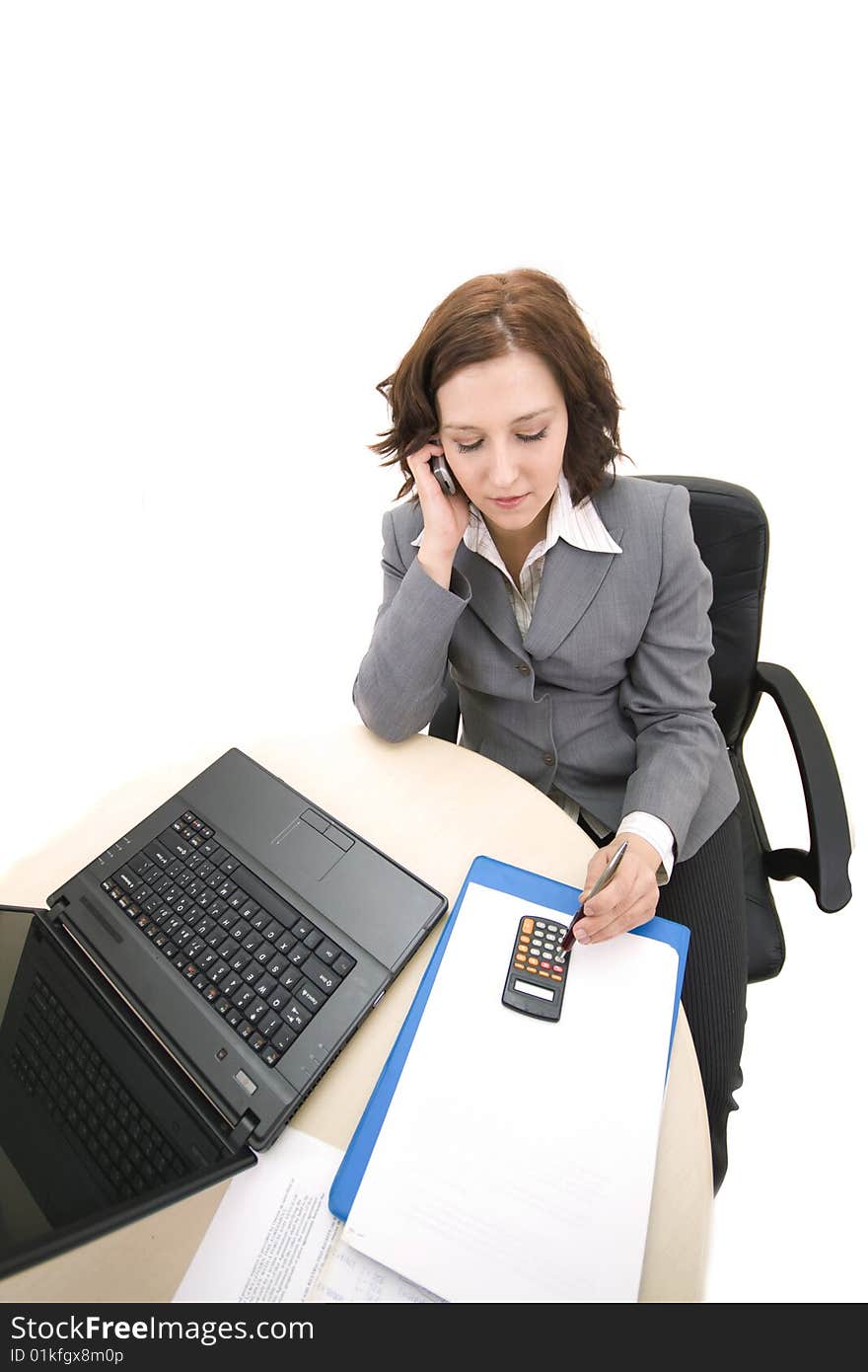 Woman with laptop on a white background