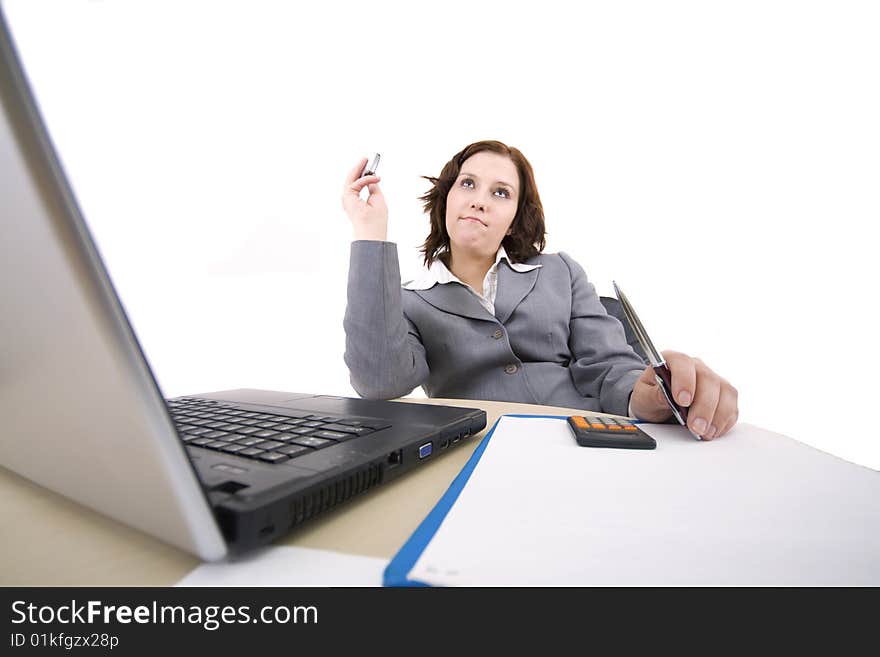 Woman with laptop on a white background