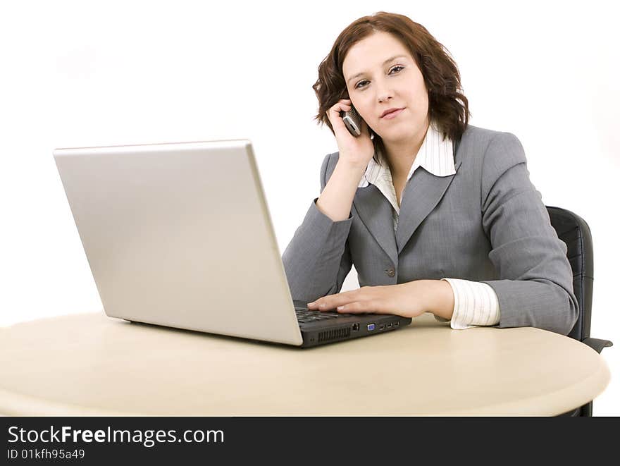 Woman with laptop on a white background