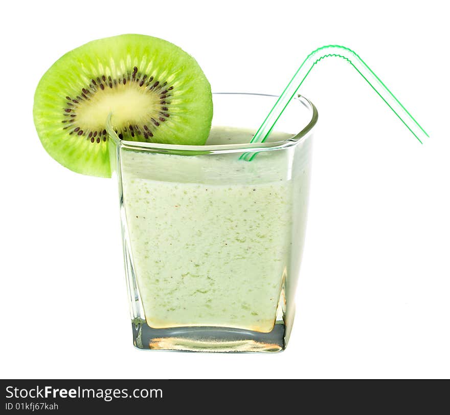 Milkshake with kiwi and straw, isolated on white