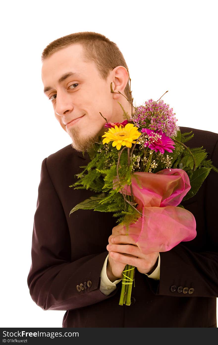 Man with flowers on white background