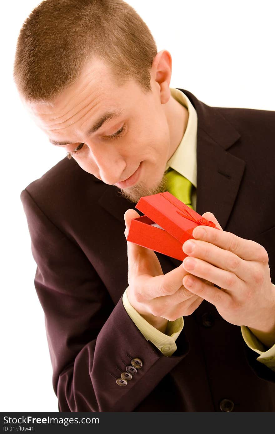 Man holding present on a white background