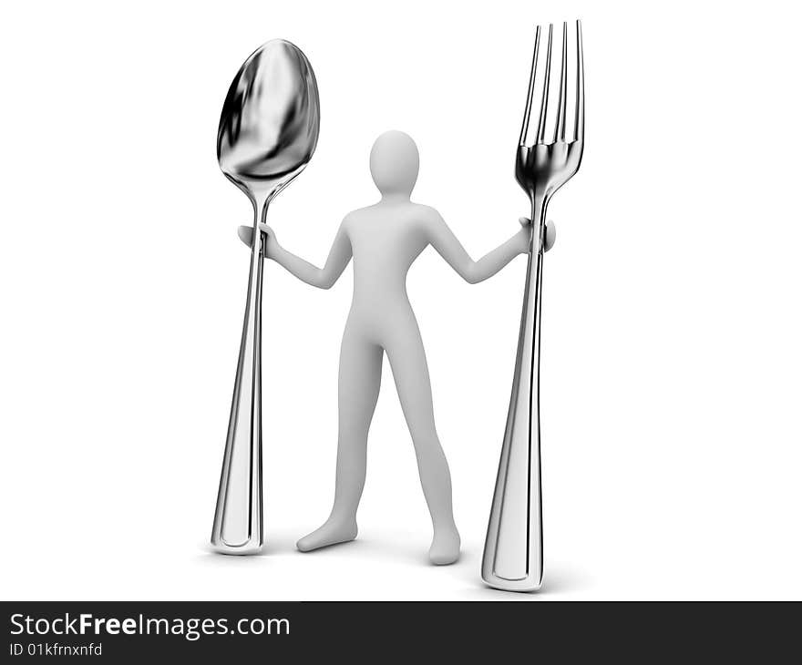 Person holding a spoon and fork. Person holding a spoon and fork