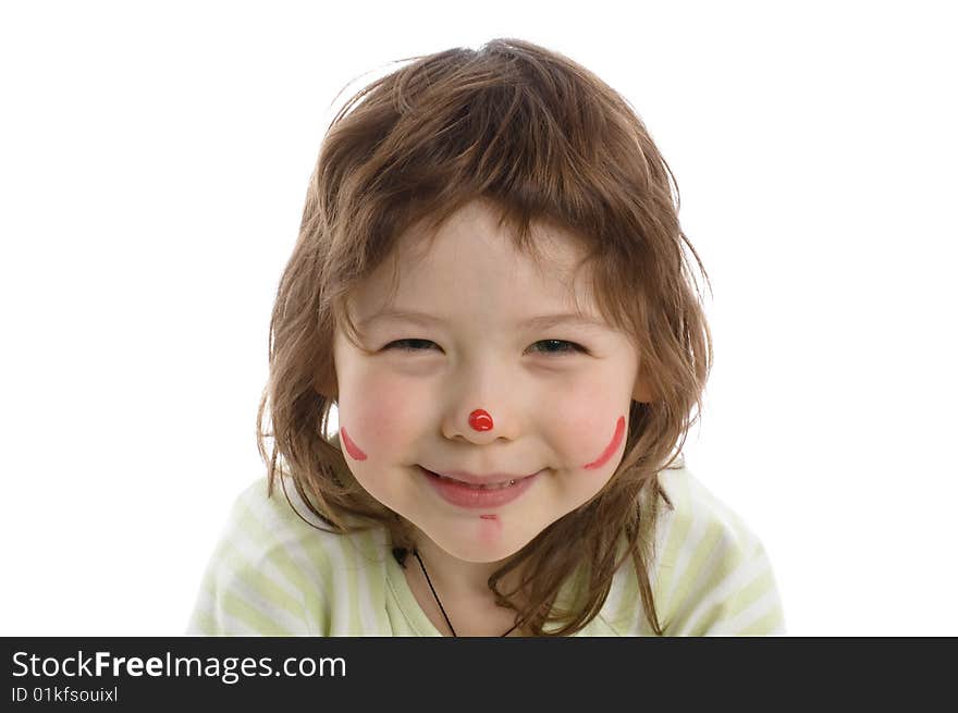 Close-up portrait of Fanny little girl with painted face, isolated on white