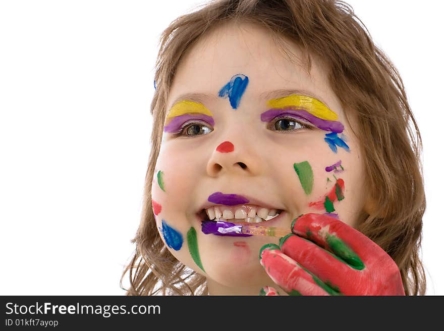 Fanny girl with painted hands and face, isolated on white