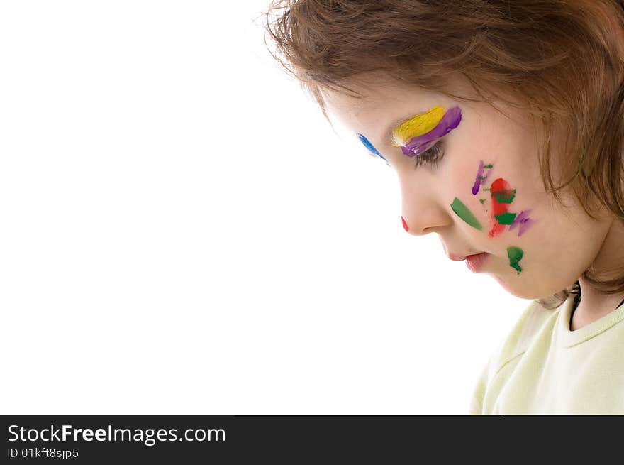 Close-up portrait of Fanny little girl with painted face, isolated on white