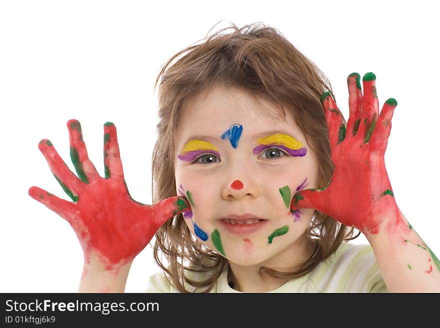 Fanny girl with painted hands and face, isolated on white