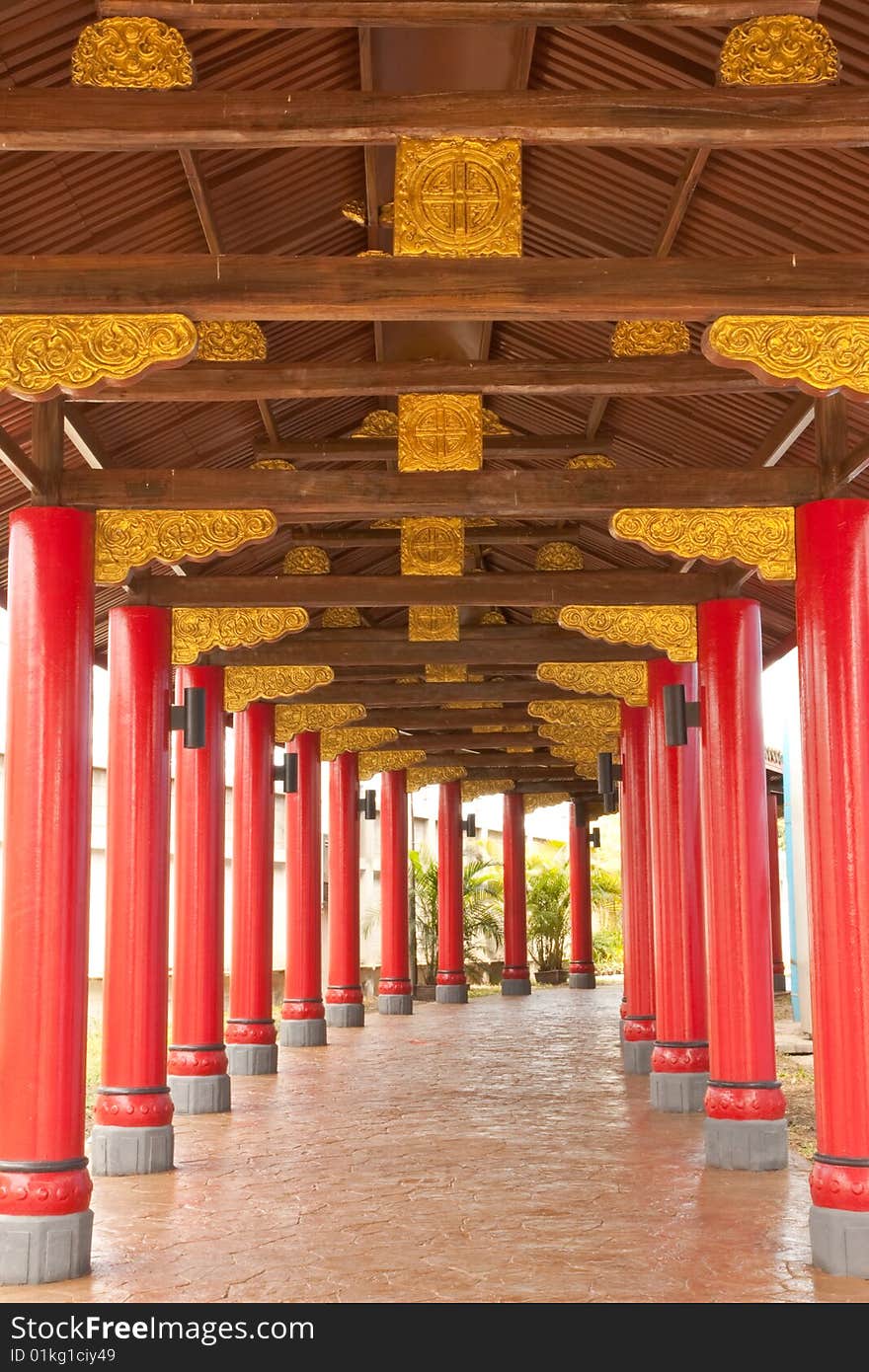 Chinese style walkway in temple, Supanburi province, Thailand.