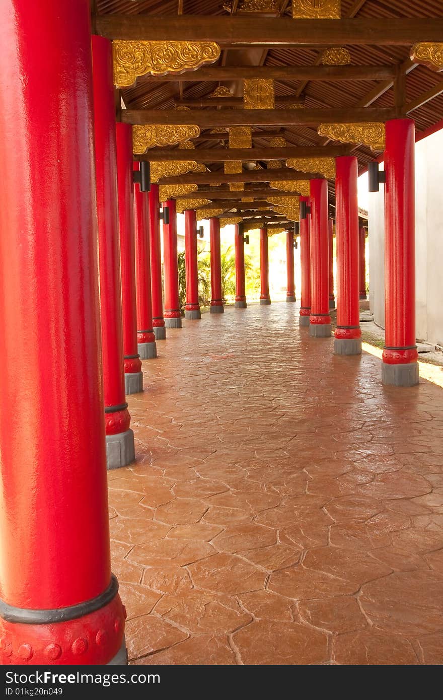 Chinese style walkway in temple, Supanburi province, Thailand.