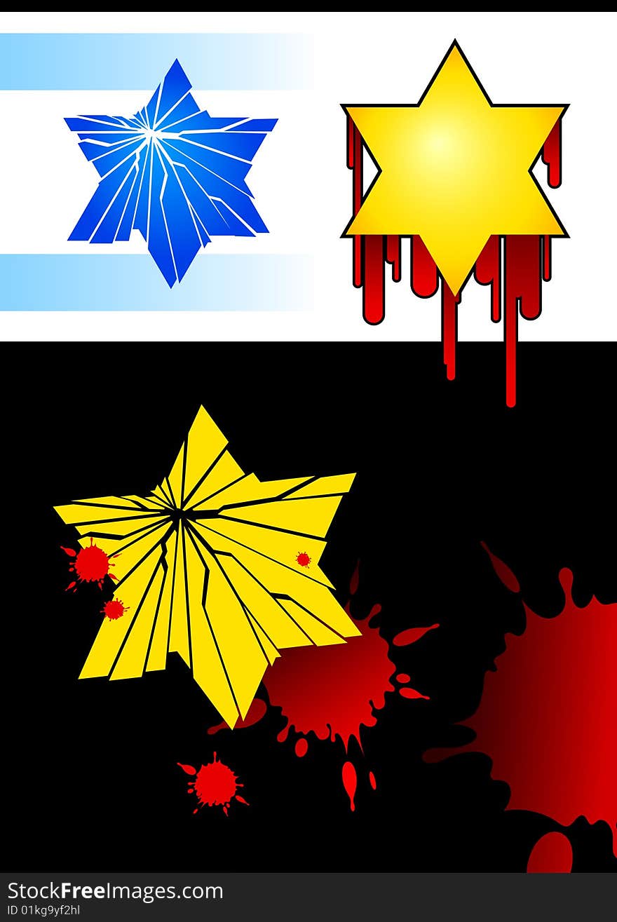 Vector illustration of a broken Star Of David with blood blots. Vector illustration of a broken Star Of David with blood blots.