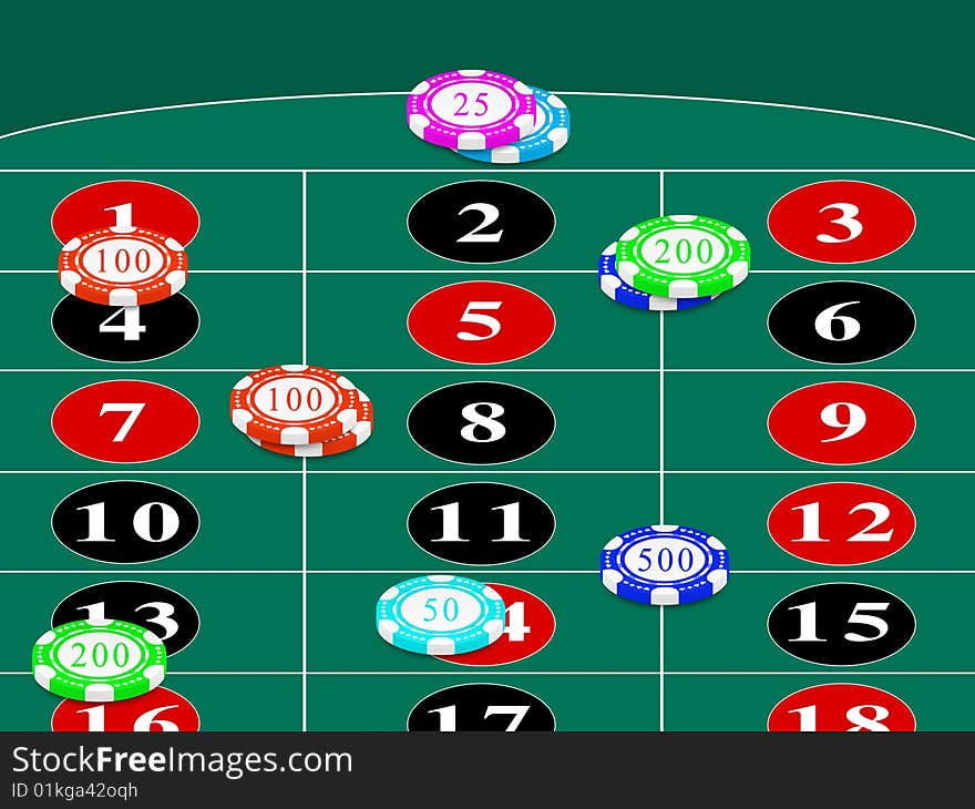 Particular roulette table with chips bets. Particular roulette table with chips bets