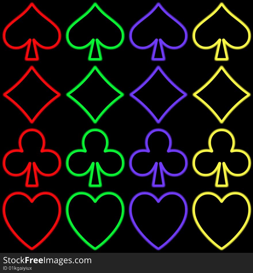 The four signs of the poker. neon style in four different colors on a black background. easily cropping. The four signs of the poker. neon style in four different colors on a black background. easily cropping