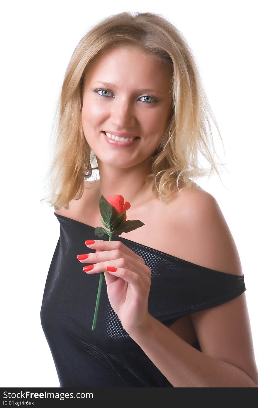 Beautiful girl in a black dress with a red rose. Beautiful girl in a black dress with a red rose