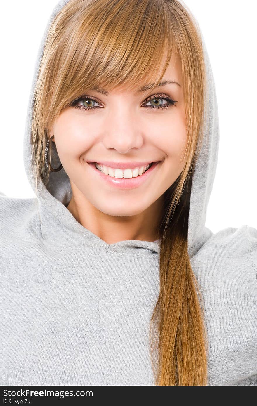 Close-up portrait of young pretty woman on white